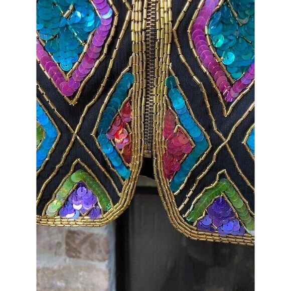New Original VTG Medium Mary McFadden Multicolor Silk Chiffon Sequined Jacket - Picture 4 of 16